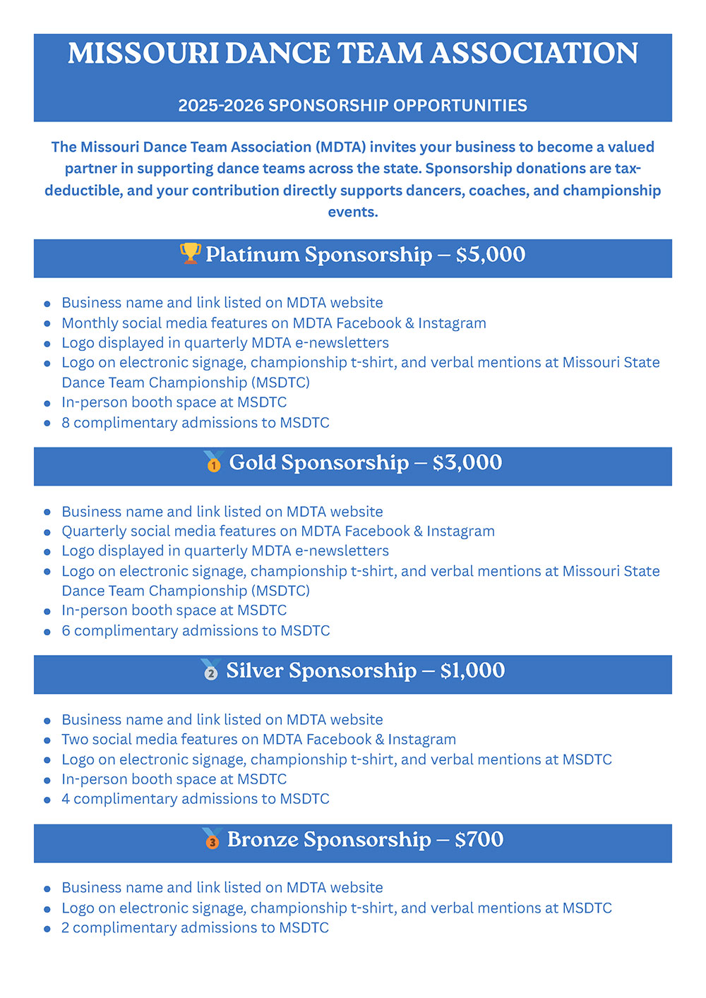 How To Be A Sponsor for Missouri Dance Team Association in St. Charles Missouri